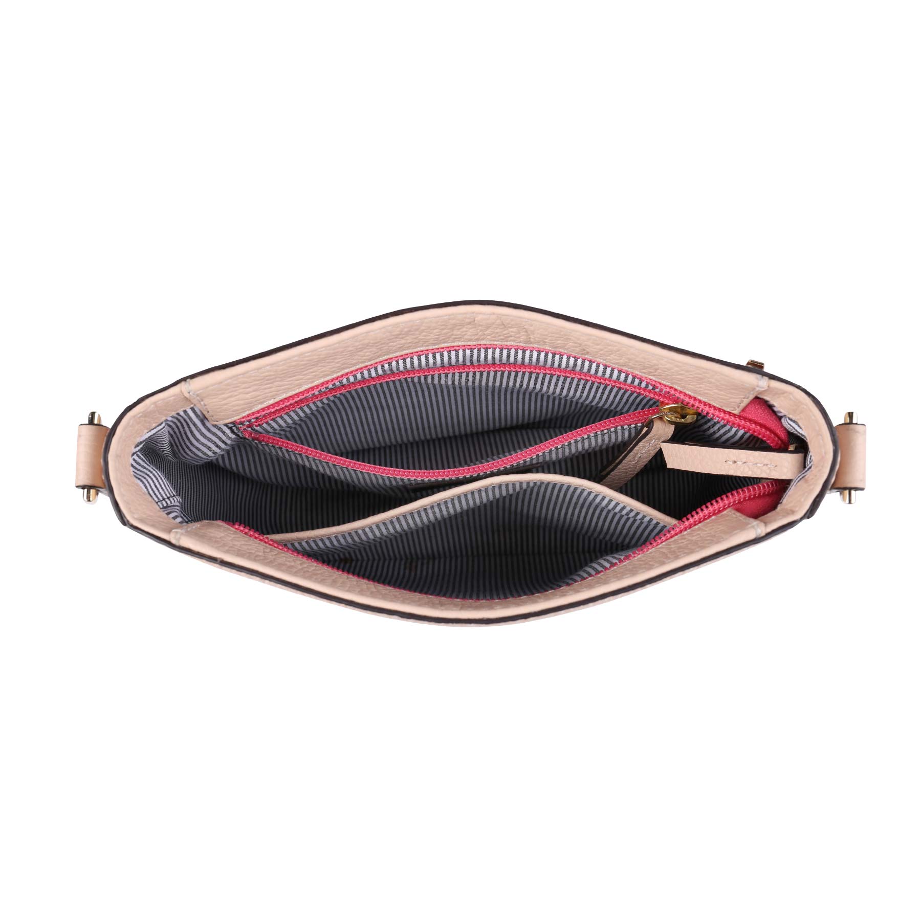 Geöffneter Taschenkörper Best Buddy in nude mit Innenfächern und gestreiftem Innenfutter
